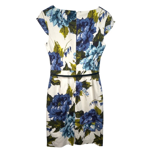 Adrianna Papell Dress Blue Floral Cotton Blend Belted Sheath Wedding Preppy Sz 6 - Picture 3 of 8